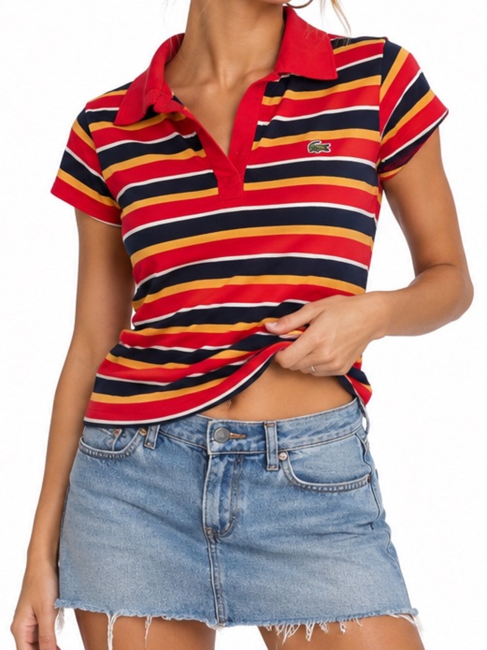 Lacoste Women’s Striped Polo Shirt Red Navy Yellow Size 4 Y2K small